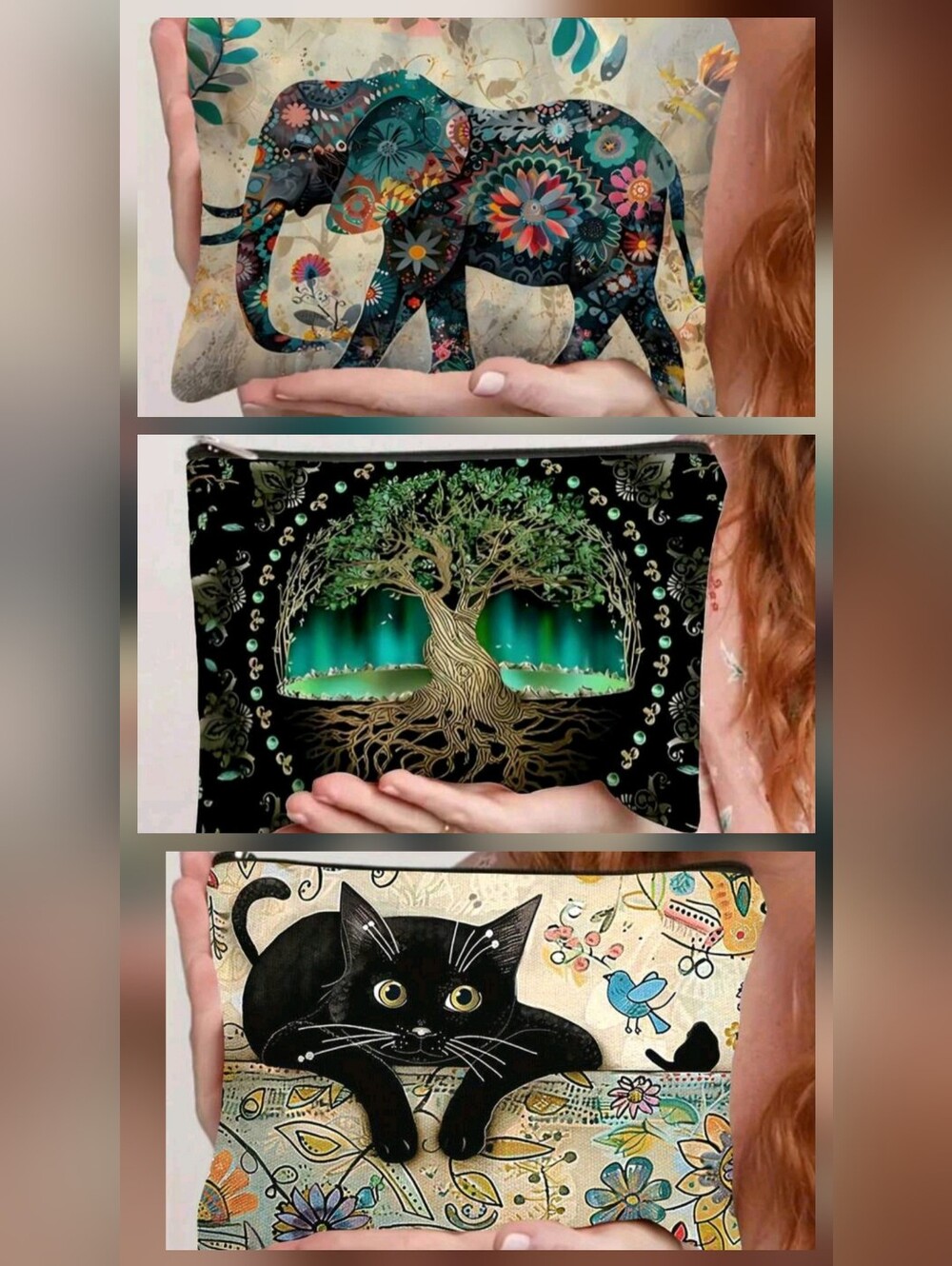 Cosmetic Bag/Travel Pouch - Black Cat, Floral Elephant, Tree of Life | NIP